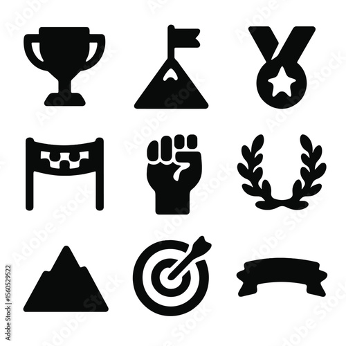 Conquered Challenge Icons. Solid, filled icon set of conquered challenge symbols: trophy cup, mountain peak flag, medal, crossed