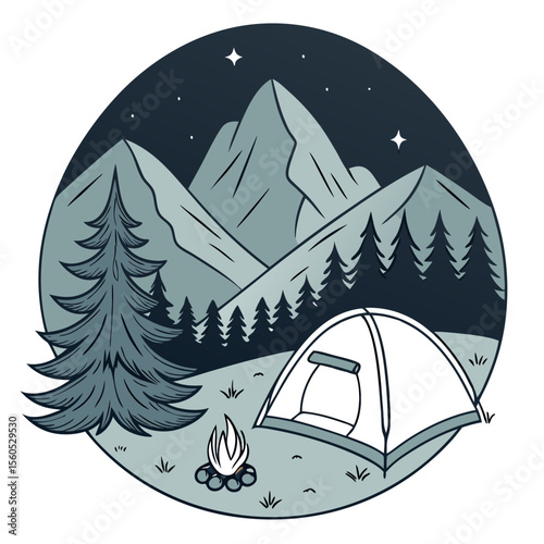 Illustration of a camping scene with tent, campfire, pine tree and mountain range under a starry sky
