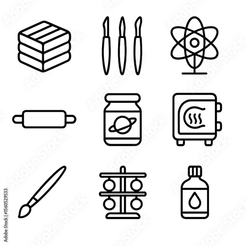 Clay Solar System Icons. Outline icon set of clay solar system sculptures: modeling clay, sculpting tools, wire armature, rolling