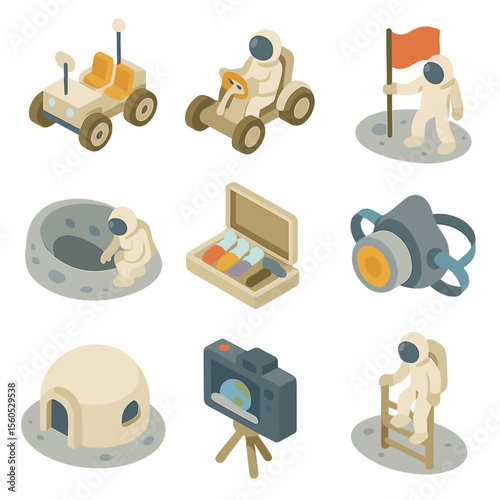 Lunar Tourism Icons. Isometric Flat icon set of lunar tourism activities: lunar rover, moon buggy, flag planting, crater