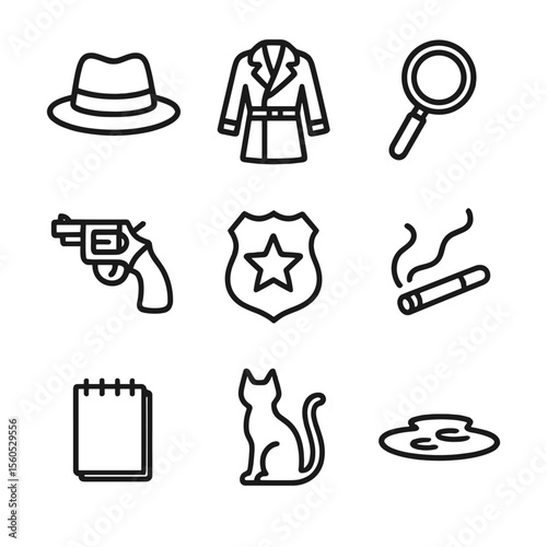 Film Noir Essentials. Outline icon set of film noir detective essentials: fedora hat, trench coat, magnifying glass, revolver,