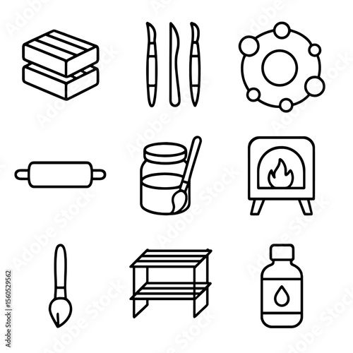 Clay Solar System Icons. Outline icon set of clay solar system sculptures: modeling clay, sculpting tools, wire armature, rolling
