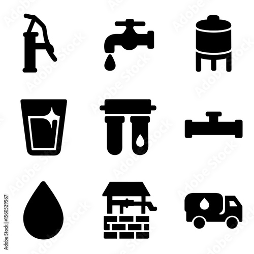 Clean Water Icons. Solid, filled icon set of clean water access: water pump, tap with droplet, water tank, clean glass, filtration