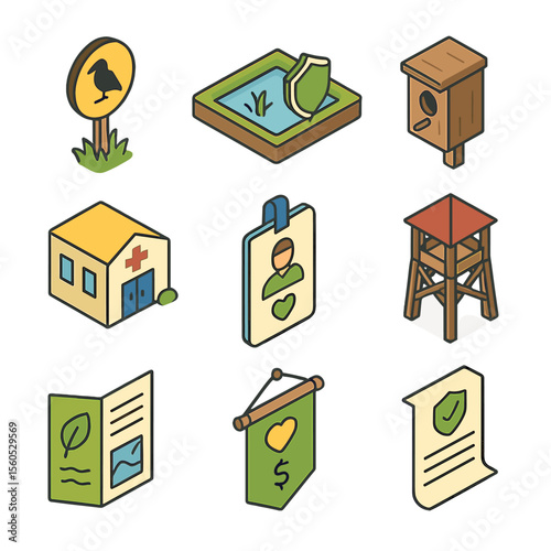 Conservation Efforts Icons. Isometric Flat icon set of conservation and protection efforts: bird sanctuary sign, protected wetland