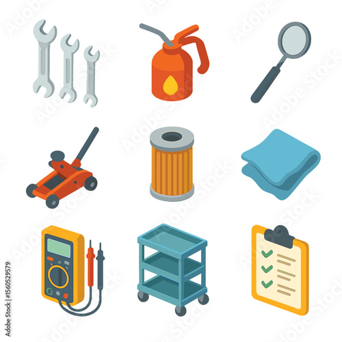Maintenance Tools Icons. Isometric Flat icon set of maintenance tools for handling equipment: wrench set, lubricant oil can,