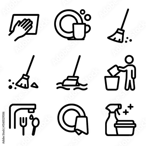Cleaning Process Icons. Solid, filled icon set of cleaning process steps: wiping table, washing dishes, sweeping floor, mopping