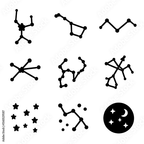 Constellation Icon Set. Solid, filled icon set of constellations and star patterns: Orion, Ursa Major, Cassiopeia, Cygnus,