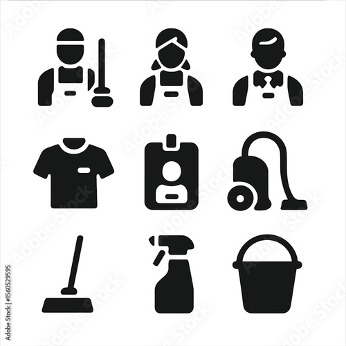 Cleaning Icon Set. Solid, filled icon set of cleaning professionals: janitor, cleaning staff, supervisor, uniform, badge, vacuum,