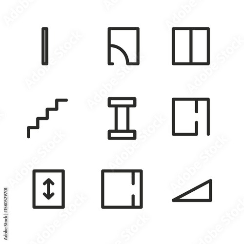 Floor Plan Icons. Outline icon set of floor plan layout elements: walls, doors, windows, stairs, columns, partitions, elevators,