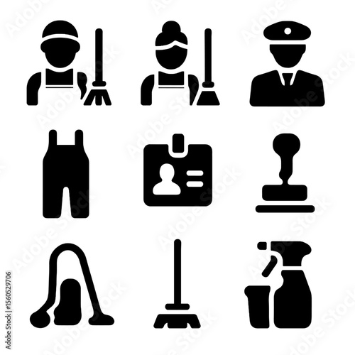 Cleaning Icon Set. Solid, filled icon set of cleaning professionals: janitor, cleaning staff, supervisor, uniform, badge, vacuum,