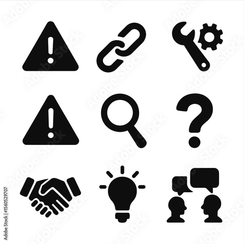 Constructive Criticism Icons. Solid, filled icon set of constructive criticism: warning sign, broken chain, repair tool, alert