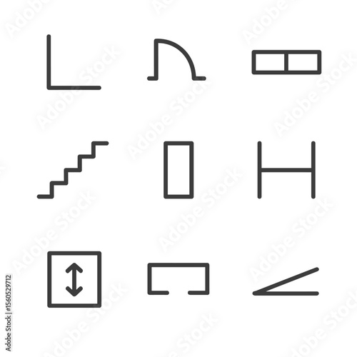 Floor Plan Icons. Outline icon set of floor plan layout elements: walls, doors, windows, stairs, columns, partitions, elevators,