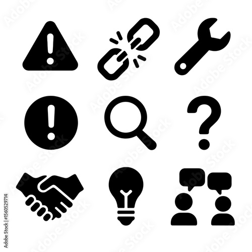 Constructive Criticism Icons. Solid, filled icon set of constructive criticism: warning sign, broken chain, repair tool, alert