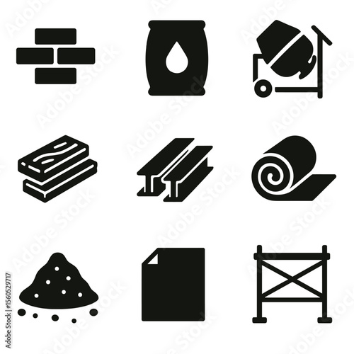 Construction Material Icons. Solid, filled icon set of construction materials: bricks, cement bag, concrete mixer, wood planks,