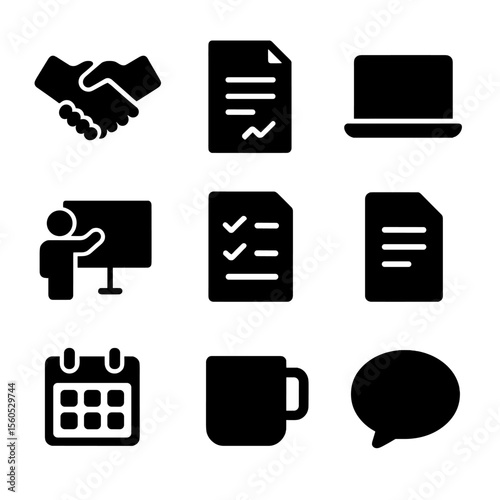 Client Onboarding Icons. Solid, filled icon set of client onboarding presentation: handshake, contract, laptop, presenter,