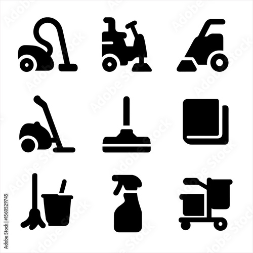 Cleaning Tools Icons. Solid, filled icon set of cleaning equipment: vacuum cleaner, floor scrubber, carpet cleaner, steam cleaner,