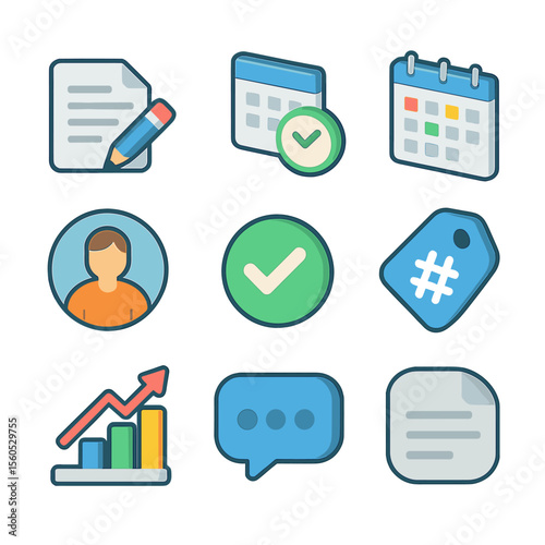 Content Calendar Icons. Isometric Flat icon set of content publishing calendars: post draft icon, scheduled publish icon, content