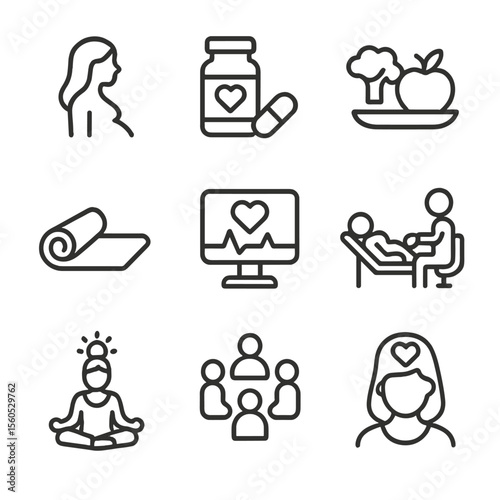 Maternal Health Icons. Outline icon set of maternal health: pregnant woman silhouette, prenatal vitamins, healthy meal, exercise