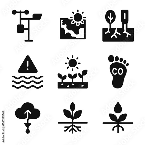 Climate Agriculture Icons. Solid, filled icon set of climate-smart agriculture: weather station, climate map, drought sensor,