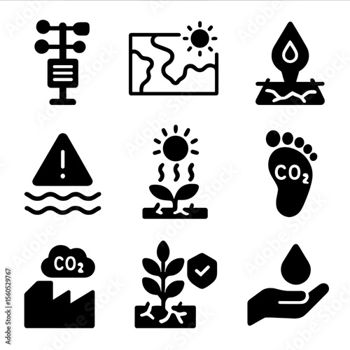 Climate Agriculture Icons. Solid, filled icon set of climate-smart agriculture: weather station, climate map, drought sensor,