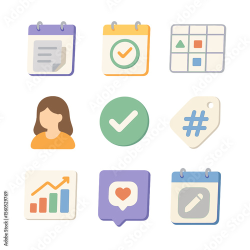 Content Calendar Icons. Isometric Flat icon set of content publishing calendars: post draft icon, scheduled publish icon, content