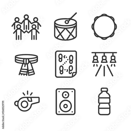 Folk Dance Icon Set. Outline icon set of folk dance choreography sessions: dance circle, drum, tambourine, costume sash, choreo