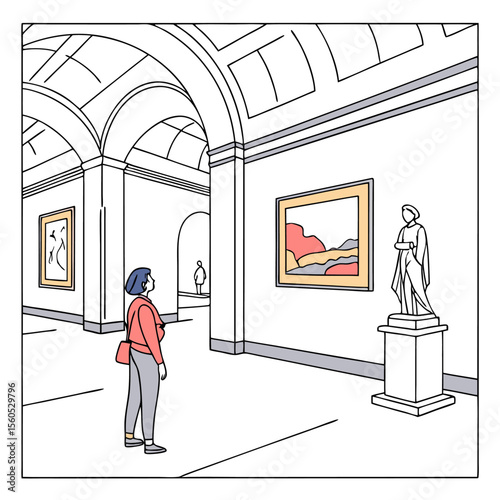 Woman viewing art in a museum with paintings and a statue under arched ceilings and white walls design