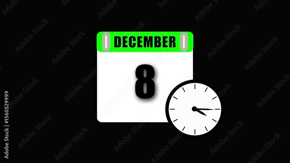 Animated calendar displaying december 8th with a clock indicating the time against a black background Animated calendar displaying december 8th with a clock indicating the time against a black background