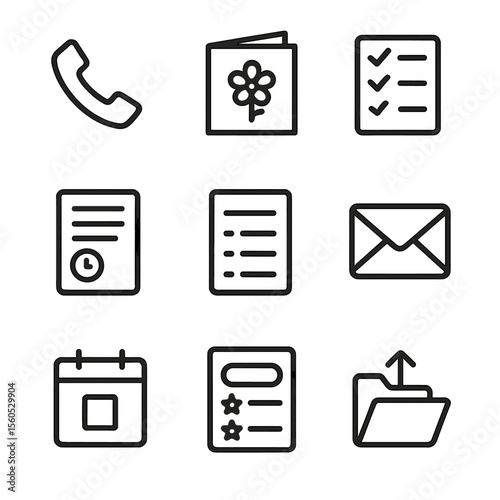 Meeting Closure Icons. Outline icon set of meeting closing and follow-up actions: end call button, thank you note, survey form,