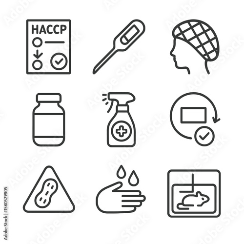 Food Safety Icons. Outline icon set of food safety quality checklist: HACCP chart, thermometer probe, hairnet icon, batch sample