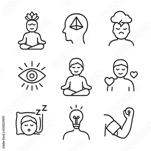 Meditation Benefits Icons. Outline icon set of meditation benefits: calm mind, clarity icon, reduced stress, improved focus,