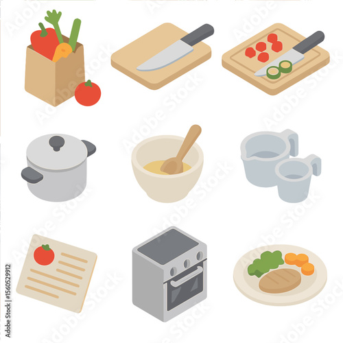 Isometric Meal Prep Icons. Isometric Flat icon set of meal prep from groceries: cutting board, knife, chopping vegetables,
