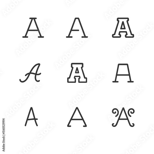 Font Style Icons Grid. Outline icon set of font styles in advertising: serif font, sans-serif font, slab-serif font, script font,