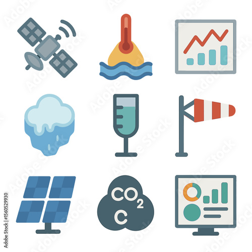 Climate Monitoring Icons. Flat icon set of climate monitoring: weather satellite, thermometer buoy, climate graph, CO₂ molecule,