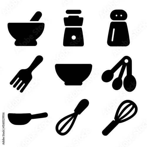Cooking Essentials Icons. Solid, filled icon set of cooking and seasoning tools: mortar and pestle, spice grinder, salt shaker,
