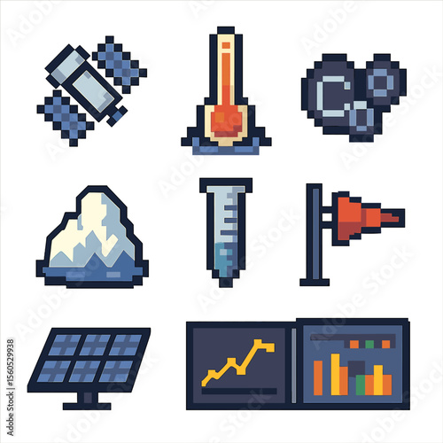 Climate Monitoring Icons. Pixel art icon set of climate monitoring: weather satellite, thermometer buoy, climate graph, CO₂