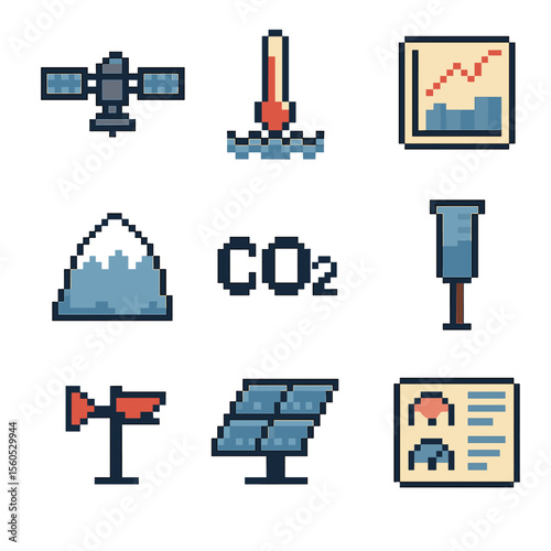 Climate Monitoring Icons. Pixel art icon set of climate monitoring: weather satellite, thermometer buoy, climate graph, CO₂