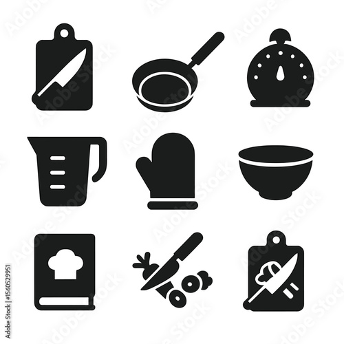 Cooking Icon Set. Solid, filled icon set of meal preparation: chopping board, chef knife, frying pan, kitchen timer, measuring cup
