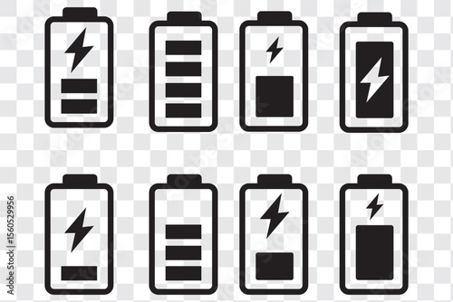 battery icons showing various charge levels and charging states. Perfect for mobile apps, UI design, tech dashboards, and energy related infographics.