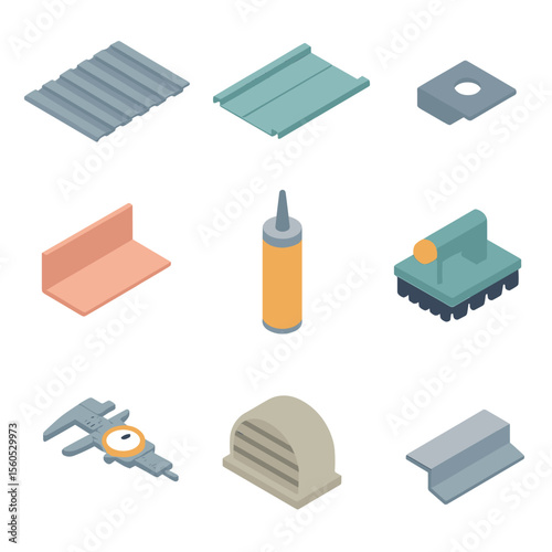 Isometric Metal Siding Icons. Isometric Flat icon set of metal siding options: corrugated metal panel, standing seam panel,