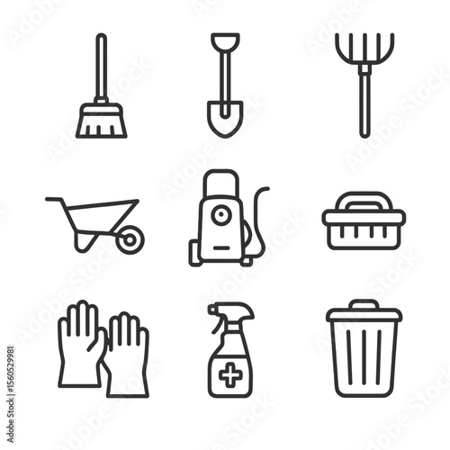 Coop Maintenance Tools. Outline icon set of coop maintenance tools: broom, shovel, rake, wheelbarrow, pressure washer, scrub brush