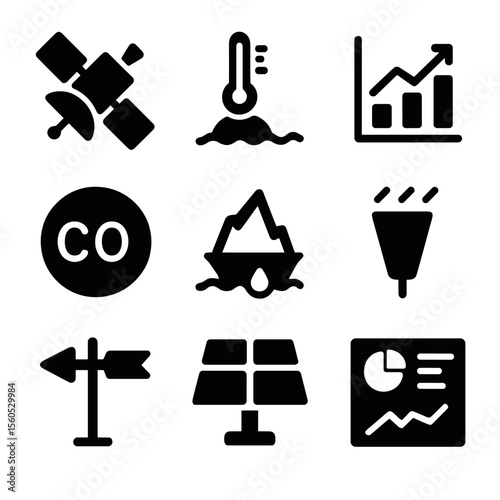 Climate Monitoring Icons. Solid, Filled icon set of climate monitoring: weather satellite, thermometer buoy, climate graph, CO₂