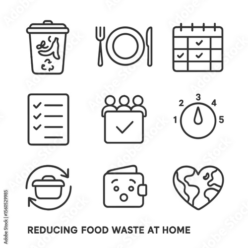 Food Waste Reduction Icons. Outline icon set of reducing food waste at home: compost bin, smaller plate, meal plan calendar, buy