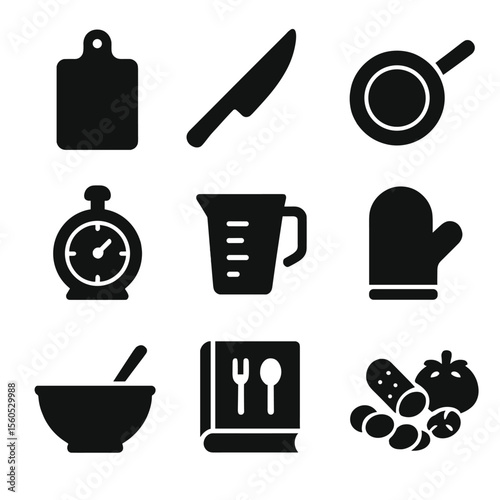 Cooking Icon Set. Solid, filled icon set of meal preparation: chopping board, chef knife, frying pan, kitchen timer, measuring cup