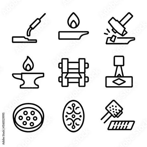 Metalworking Icon Set. Outline icon set of metalworking techniques: soldering, annealing, hammering, forging, rolling mill,