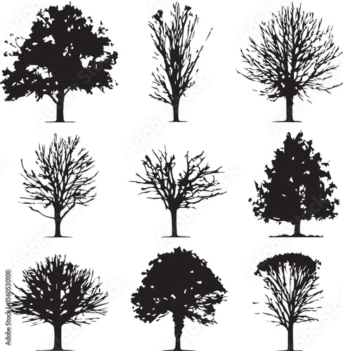 Big set of tree silhouette vector black trees