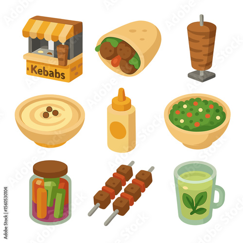 Middle Eastern Food Icons. Isometric Flat icon set of Middle Eastern street food: falafel stand, pita pocket, hummus bowl,