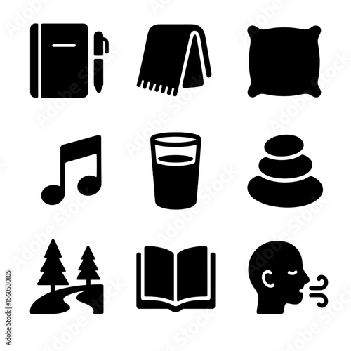 Coping Strategies Icons. Solid, filled icon set of coping strategies: journal with pen, comfort blanket, soft pillow, calming