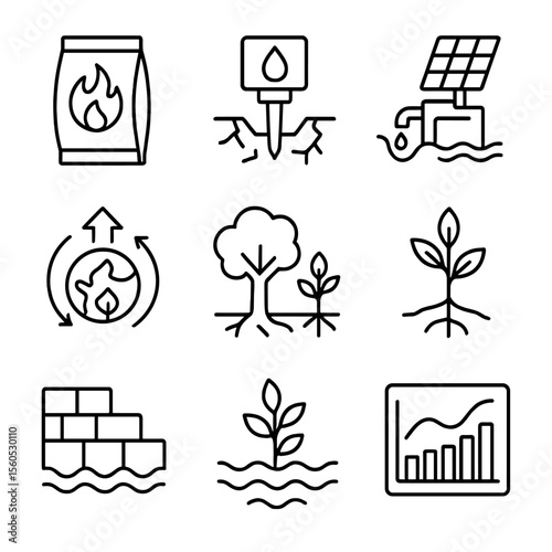 Climate-Smart Agriculture Icons. Outline icon set of climate-smart agriculture: heat-tolerant seed packet, drought sensor,
