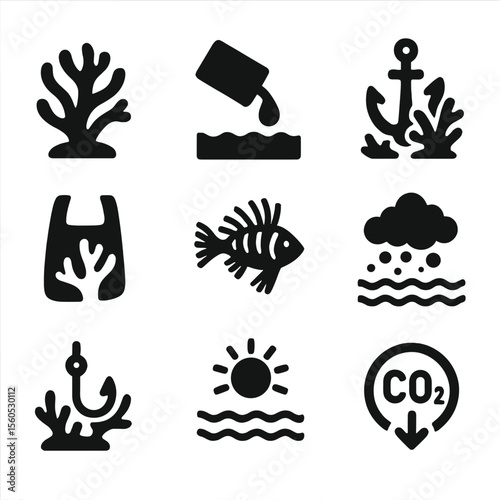 Coral Reef Threats Icons. Solid, filled icon set of threats to coral reefs: bleaching coral, oil spill, anchor damage, plastic
